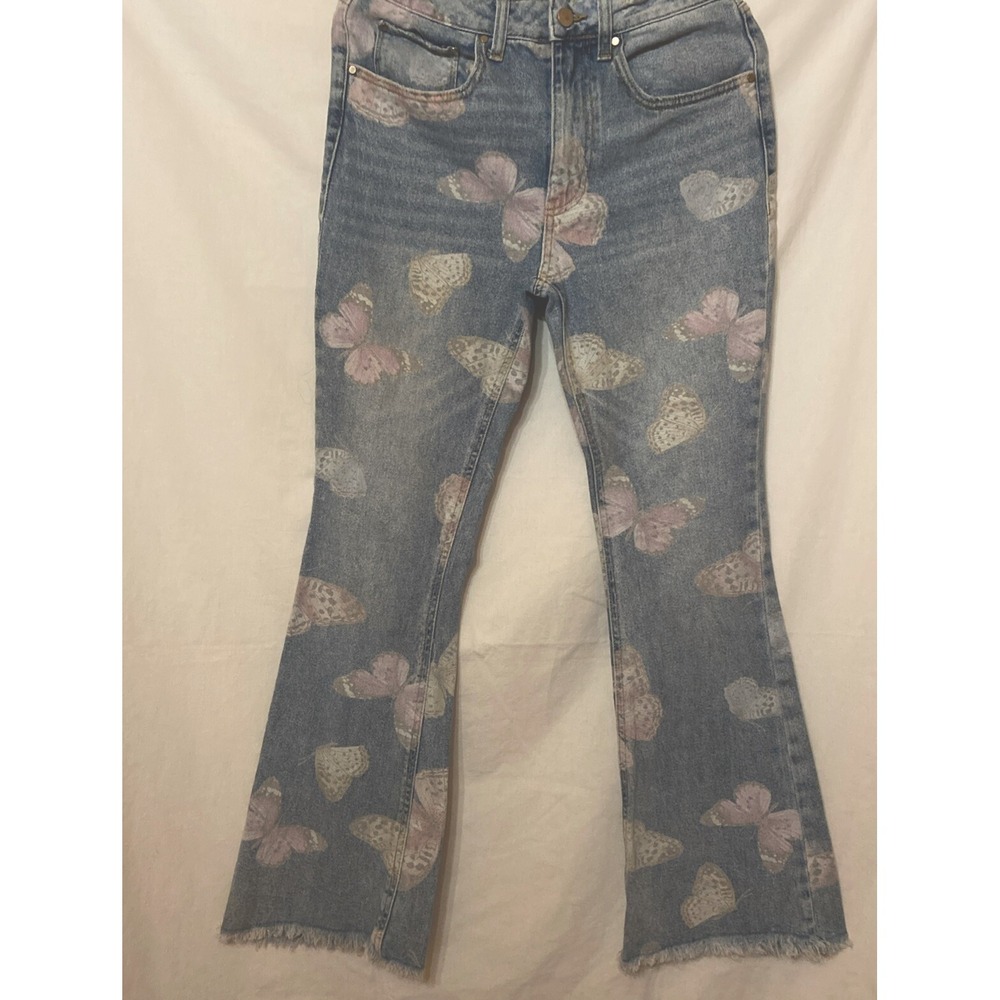 Tinseltown Jeans Womens 7 Floral Flare Raw Hem Coastal Cowgirl Boho Indie 70s